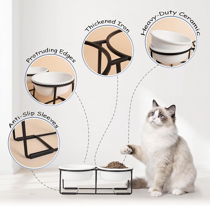 Ceramic Elevated Dog Bowl Set - Double Dog Food and Water Bowls with Metal Stand - Raised Pet Dishes for Puppies and Cats - 2 Cups - 12.5 fl oz - Matte White