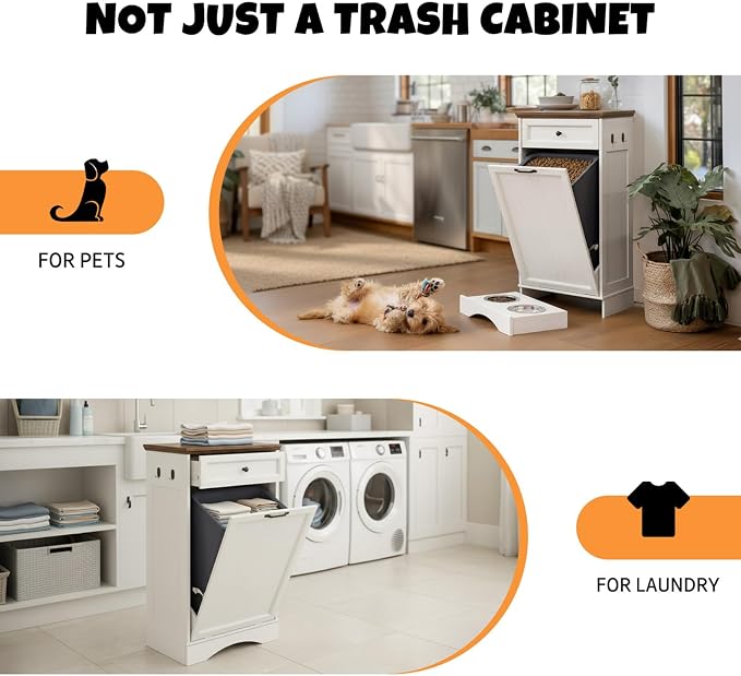 Tilt Out Trash Can Cabinet with Dog Bowl, 10 Gallons Dog Feeding Station with Storage Cabinet, Pet Food Cabinet with Hideaway Drawer for Kitchen, Living Room