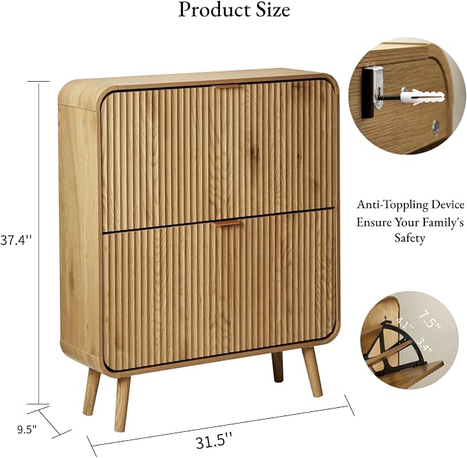 31.5" Fluted Shoe Cabinet with 2 Flip Drawers, Slim Freestanding Shoe Cabinet Organizer, Narrow Shoes Storage Rack for Entryway, Walnut