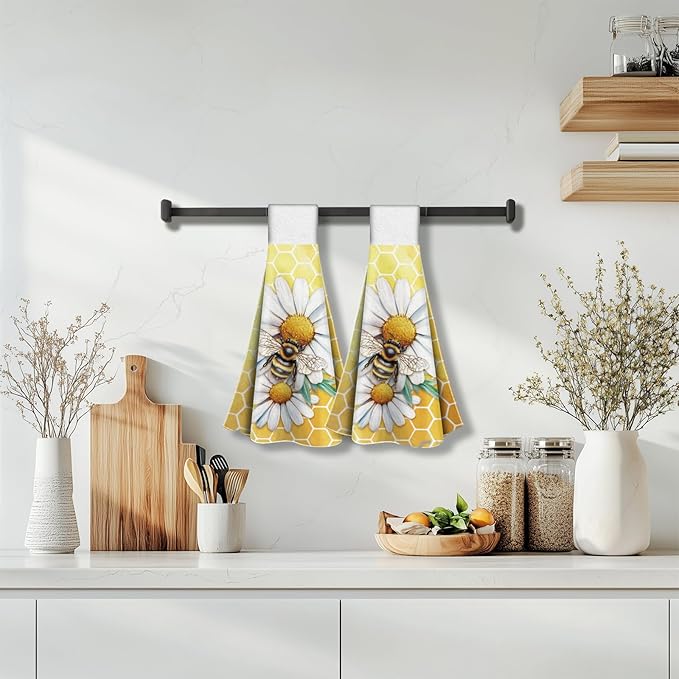 CUTHOLLOW Bee and Daisy Hanging Kitchen Towels with Loop, Set of 2 - Soft & Super Absorbent Microfiber Decorative Hanging Dish & Hand Towel, Tea, Coffee Towel for Kitchen Bathroom Oven Handle