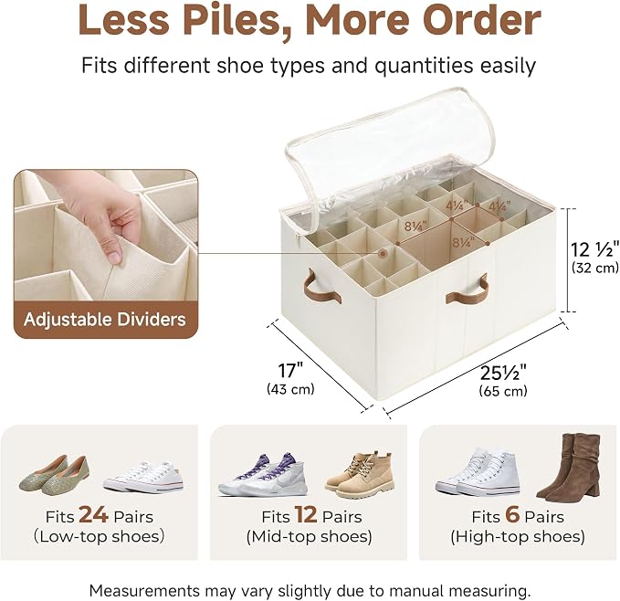 StorageWorks 24-Pair Large Closet Shoe Organizer, Adjustable Divider, Beige | Holds up to 24 Pairs, Foldable, Clear Lid, Reinforced Handles, Fits Sneakers, Boots & Heels, For Living Room, Bedroom