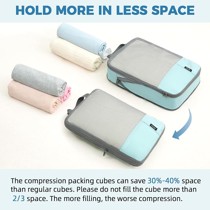 BAGAIL Lightweight Compression Packing Cubes for Travel, 6 Set, Dusty Blue | Salis Nylon Fabric,Anti-Tearing,Save Space,SBS Zippers,Packing List,PVC Tag Pocket,Custom Labels,Visible Mesh,Portable Handel