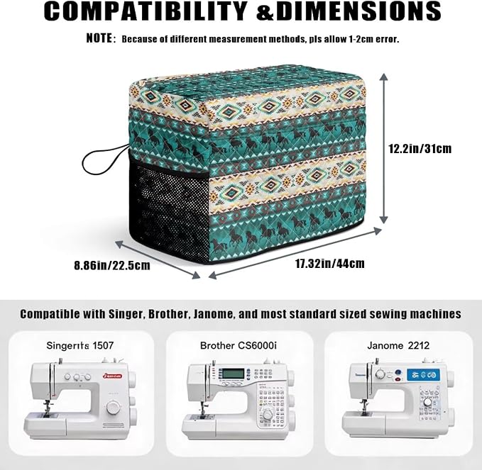 Sewing Machine Cover Polyester Febric Aztec Western Horse Print | Dust Pet Hair Protection,Quilting Design,Fits Standard Singer,Brother Janome Machines,Protecting Decorating Your Sewing Space