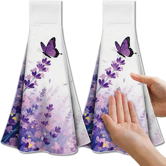 CUTHOLLOW Purple Lavender Flower Hanging Kitchen Towels with Loop, Set of 2 - Soft & Super Absorbent Microfiber Decorative Hanging Dish & Hand Towel, Tea Coffee Towel for Kitchen Bathroom Oven Handle