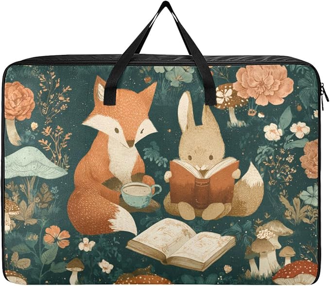 Comforter Storage Bags Large Folding Blanket Organizer Bag with Strong Handles Clear Window Closet Storage Containers for Clothes King Queen Pillows Bedding Quilt Duvet Fox Bunny Mushrooms Gree