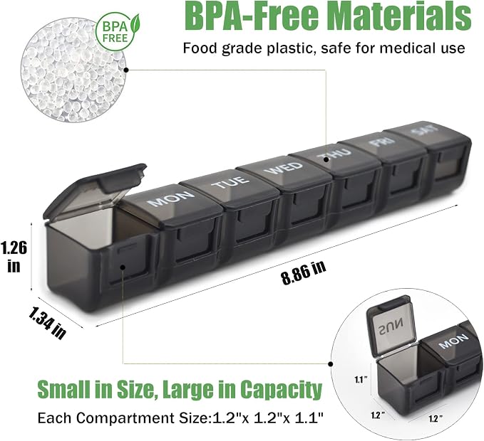 2 Pack Weekly Pill Organizer, Large 7 Day Travel Pill Case (Khaki & Black) | Daily Vitamin Case Medicine Box, AM/PM Pill Containers Twice a Day for Medicine Supplements Fish Oil, Portable & Durable