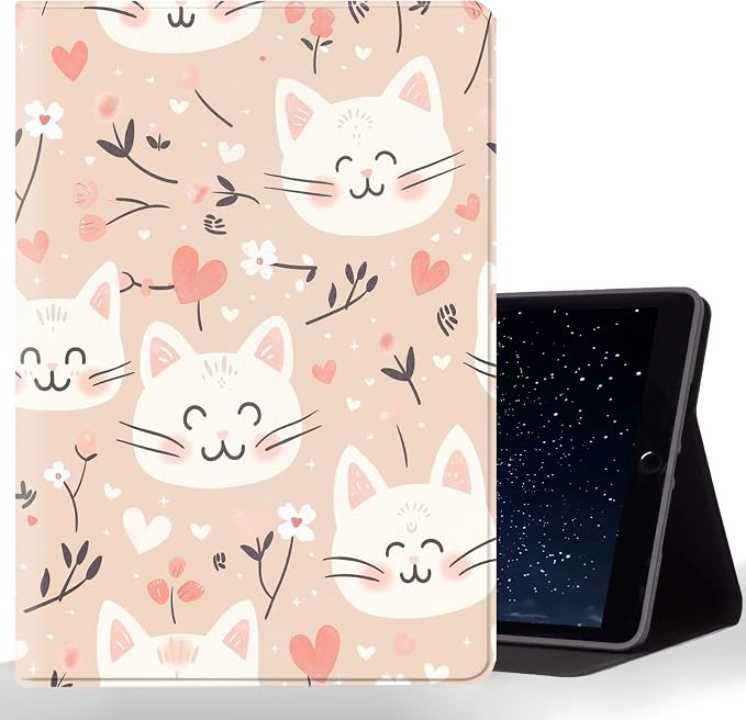 Tablet Case for iPad 10.5 Inch (iPad Air 3/Pro,2017/2019),Shockproof Protective Cover with Stand,Auto Wake/Sleep,Cartoon Cat Heart Flower