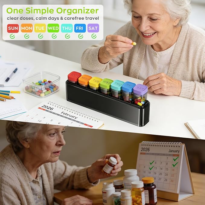 HIONXMGA Weekly Pill Organizer, Detachable 7-Color Pill Box, Easy to Use | Portable Travel Pill Case Container for Daily Medication Easy Track, Privacy Protection, Built-in Quick Fill Design, Black
