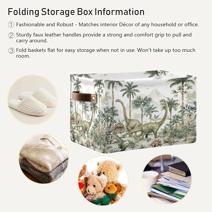 Dinosaur Palm Trees White Rectangular Storage Bin Basket with Handles - Organizer Bin for Books Clothes Laundry Basket for Pets Playroom