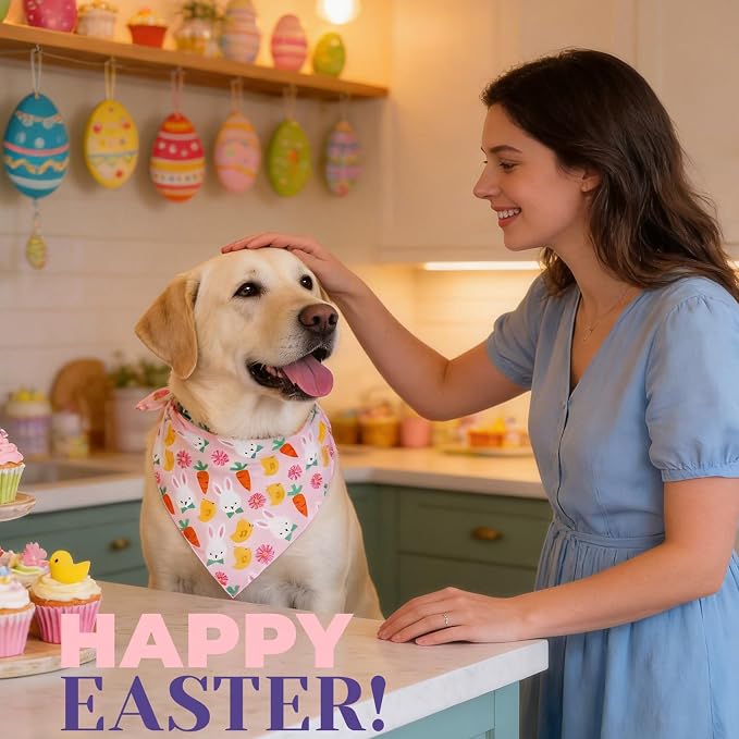 Dog Bandana for Easter Day - Lovely Bunny Carrot Chicken & Daisy Flower Theme, Holiday Pet Costumes Scarf with Adjustable Snap Button, Small to Medium Breeds (5-30lbs)