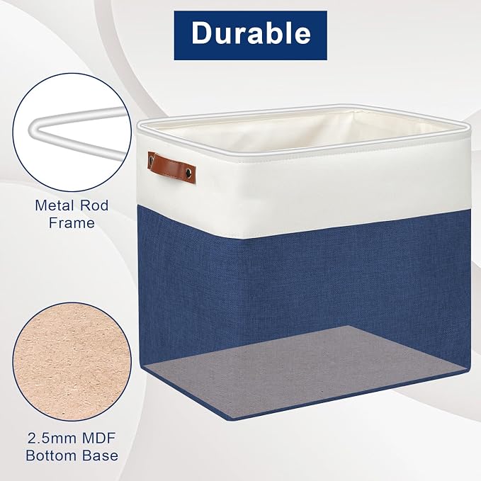 Bagnizer Large Fabric Storage Baskets | 50L Storage Bins, Decorative Linen Closet Baskets with Handles for Organizing, Shelf, Toys, Clothes, Home, Office, Nursery, 17x12x15Inches (Navyblue&White)