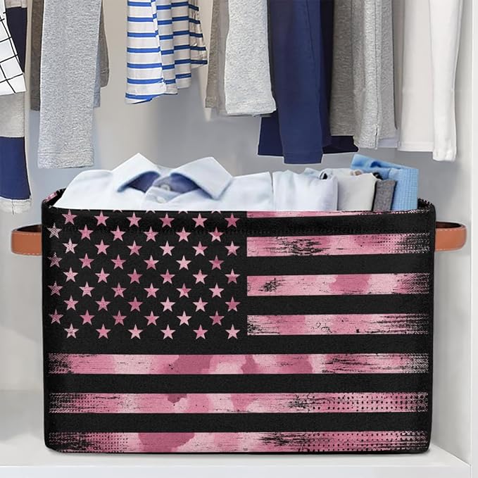 Pardick Flag Basket Storage Bins Rectangle Canvas Basket Cube Storage Box | Nursery Foldable Basket with Handle for Kids Girls Boys Toys Living Room Closet Organizer Shelf Gifts Camo Pink