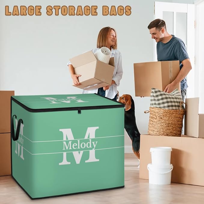 Custom Extra Large Storage Baskets Named with Lid, Personalized Storage Bins Basket Boxes Handles for Clothes Blanket Bedroom Closet Organizing Toys Shelves, Mint Green with Initial Letter