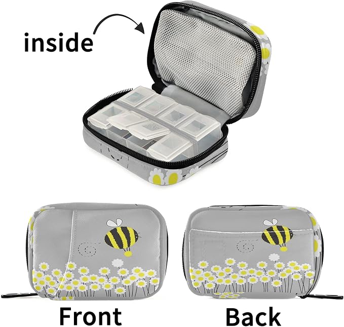 Cartoon Daisy Bee Pill Box 7 Day Pill Case Travel Pill Organizer Bag with Zipper Portable Weekly Case Compact Size for Vitamin Supplement Holder
