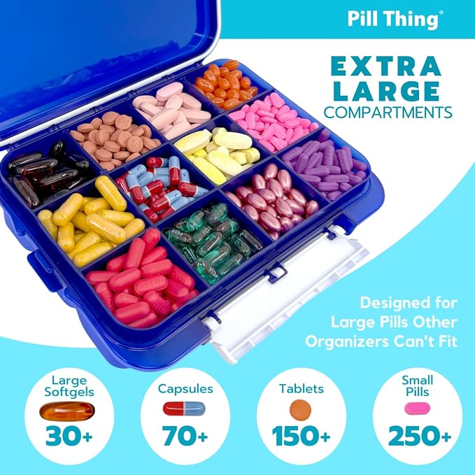 2-Pack Large Pill Organizer – Black + Blue | 12-Compartment Weekly Pill Box Case with Removable Dividers, Waterproof, Travel-Friendly (Combo Pack - 1 Black & 1 Blue)