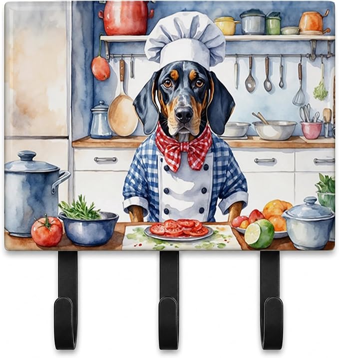 Caroline's Treasures Bluetick Coonhound The Chef Leash or Key Holder Wall Hooks, Key Hooks Holder, Coat Rack Wall Mount, Coat Hooks, Hooks for Hanging Keys, Towels, Aprons, Leashes | Bluetick Coonhound The Chef artwork on ceramic tile with three steel ...