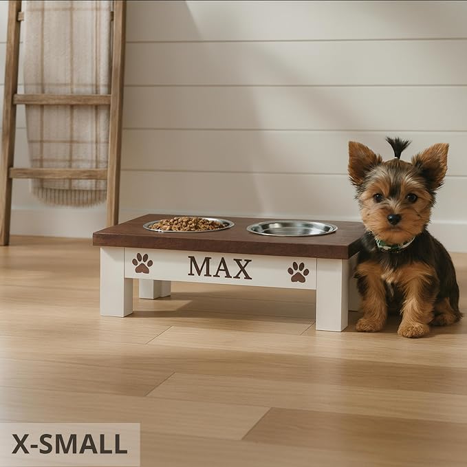 Personalized Dog Bowls Stand for Small Dogs, Wood Elevated Feeding Station | Farmhouse Style, Stainless Steel Dishwasher Safe Bowls, Raised Anti-Slip Feeder, Made in USA