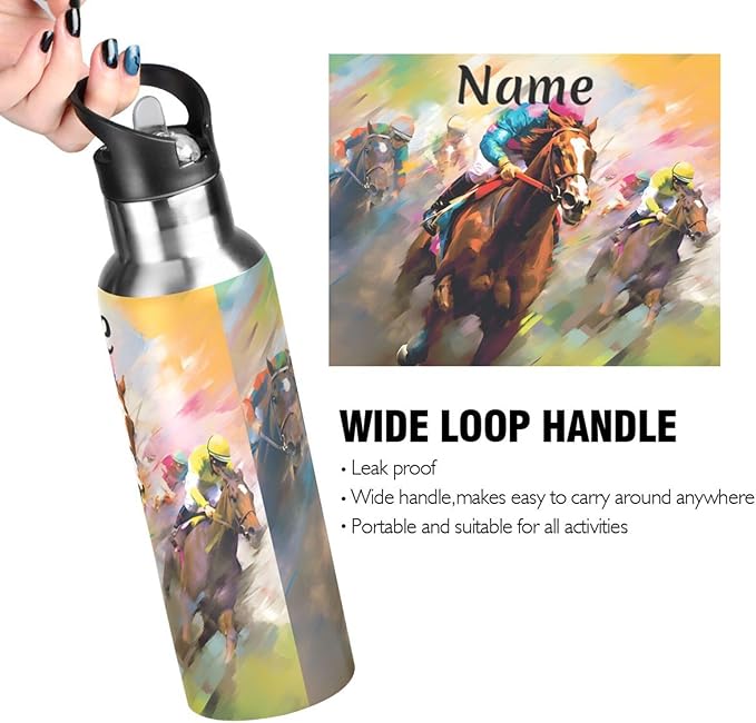 Custom Name Horse Racing Water Bottle with Straw Lid Kids Insulated Stainless Steel Water Flask Sports, 20 Oz Hot Cold