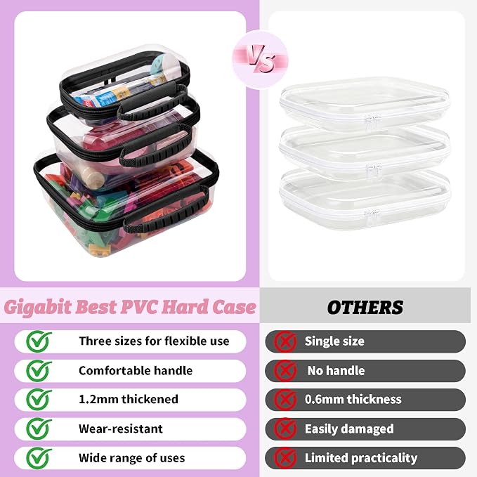 3 Pack Deep Clear Hard Shell Zipper Cases with Handle (Black) | Travel Toiletry Bag, Waterproof 1.2mm PET Hard Plastic Pouches, Organizer Box for Makeup, Toy, Snack, Stationery, Diaper