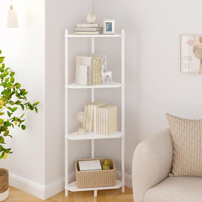Wisuce White Small Corner Shelf Stand, 4-Tier Bamboo Corner Bookshelf | Space-Saving Narrow Corner Shelf | Bathroom Corner Shelf | Shelves for Bedroom, Living Room, Kitchen & Plant Display