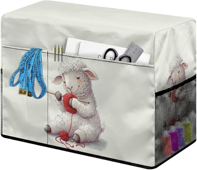 Cute Knitting - Sheep Sewing Machine Cover,Protective Cover with Side Handle and Sewing Essentials Pockets,Dust & Pet Hair Protection,Fits Standard Singer & Brother Machine(Off-White)