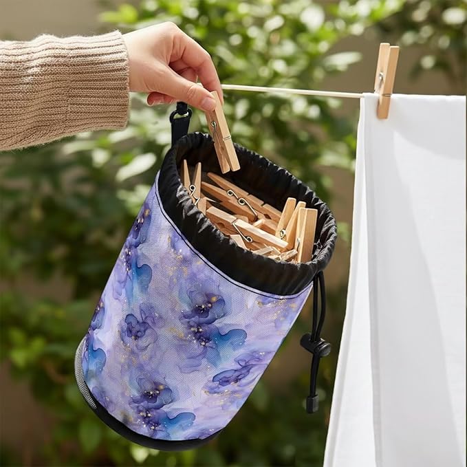 Clothespin Bag with Hooks Purple Blue Floral Hanging Clothes Pin Bag with Drawstring Closure Clothespin Holder, Moisture Resistance, Storage Organizer, Machine Washable