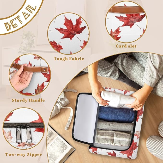 Red Maple Leaf Storage Bins With Zipper Lid, Collapsible Trunk Organizer, Car Organizers and Storage Bins with Lids, Autumn Decorative Storage Boxes with Handle, Home Storage Baskets for Organizing