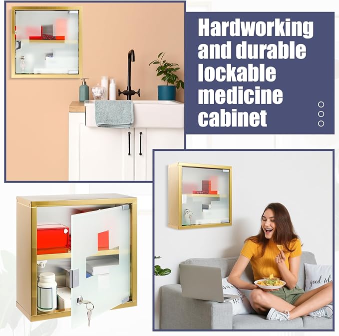 Timgle First Aid Wall Cabinet with Lock Medicine Wall Mounted Bathroom Storage Hanging Medical Cabinet with Safety Glass Door for Bathroom(2 Shelves,Light Gold)