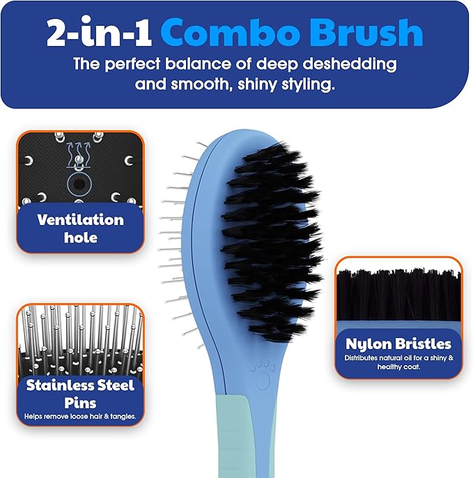 American Kennel Club AKC Pet Grooming Brush for Dogs and Cats - 2-in-1 Deshedding and Detangling Brush with Dense Nylon Bristles, Removes Loose Hair for Short and Long Coat Dogs and All Breeds