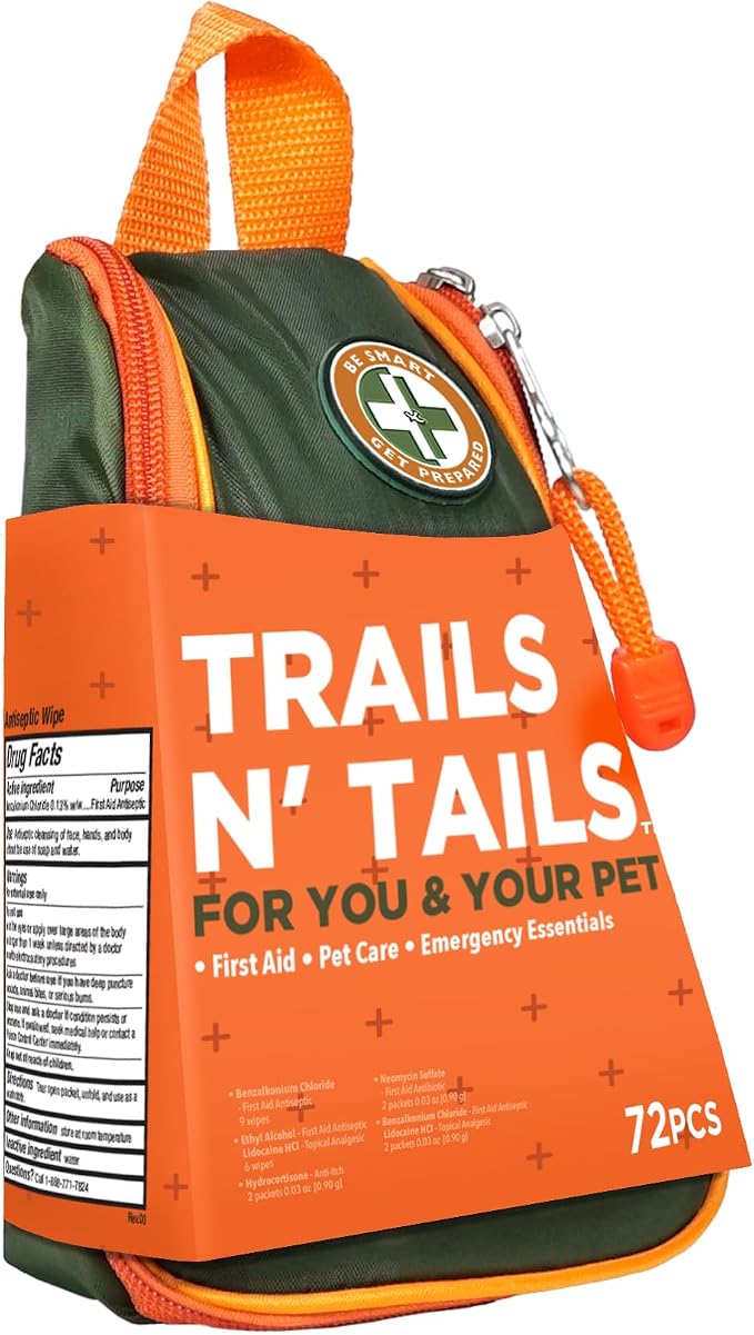 Be Smart Get Prepared Trails N' Tails First Aid for You & Your Pet | 72 Pieces - Pet Care & Emergency Essentials - Designed for Pets, Outdoor, Auto & Home - Compact & Portable