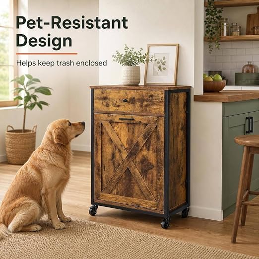 VINGLI 13 Gal Tilt Out Trash Can Cabinet with Drawer & Wheels, Rustic Brown | Wood Hidden Trash Can Kitchen Cabinet with Drawer, Freestanding Pet Proof Storage Organizer, Laundry Basket