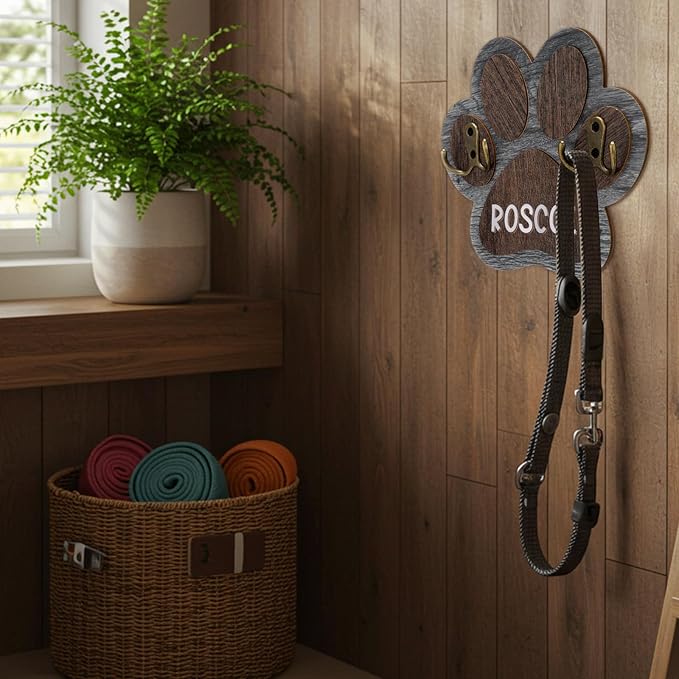 Kathfly Wooden Dog Leash Holder for Wall Paw-Shaped Pet Harness Hanger 52 Letters Leash Hook Hangers Cat Collar Organizer Keychain Towels for Entryway Pet Loss Gifts Keepsake Home Decor (Double Hook)