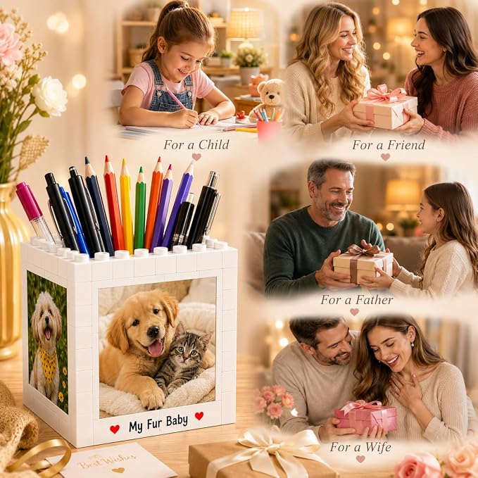 Custom Photo Building Blocks Pen Holder for Desk | 2-in-1 Personalized Photo Block Puzzle, Pencil Pot with 4-Side Image Text, Detachable Building Brick Picture Frame