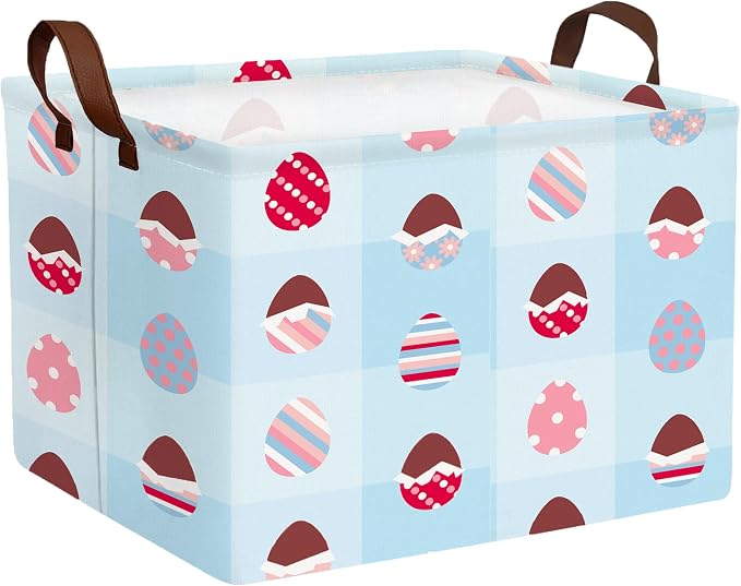 Large Rectangular Easter Baskets Empty Waterproof Boy Toy Box Foldable Kid's Gifts Storage Bin Spring Room Decor(Blue Checkered Egg)