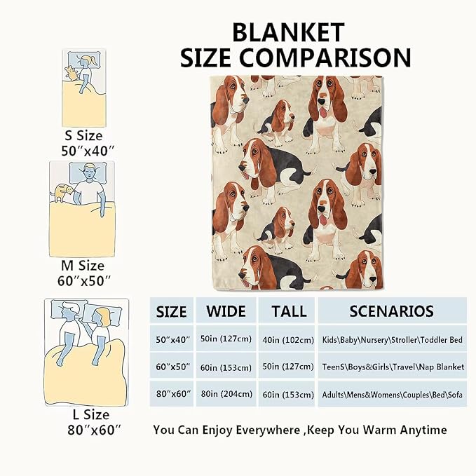 Basset Hound Blanket Cute Puppy Dog Throw Blankets,Gifts for Kids Adult Women Men,Lightweight Soft Fleece,Pet Lovers,Sofa Couch Bed Room Modern Decor 50x60in