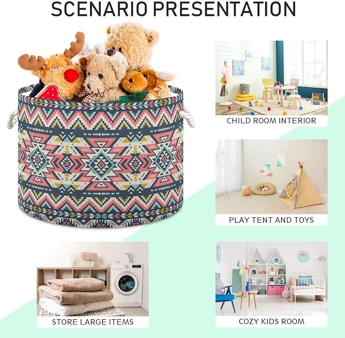 Pink Aztec Print Collapsible Round Storage Basket with Handles | Ethnic Tribal Navajo Large Laundry Baskets Hamper, Clothes Organizer Bin for Bedroom Living Room Decor, 20x 20x 14 Inches