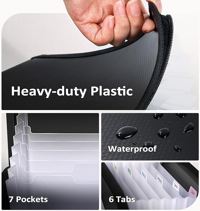 Sooez 7 Pockets Accordion File Organizer, Zipper Expanding File Folder A4 | Reinforced Plastic Accordion Folder Organizer, A4 Letter Size, Portable Folders for Documents, School Office Supplies, Grey