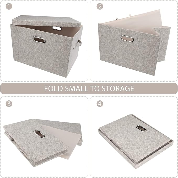 Storage Bins with Lids Fabric Closet Organizers Cubes Office Organization | 36 Quart 5 Pack Beige Collapsible Stackable Linen Fabric 4 Handles Bedroom Closet Cabinet Under Bed Clothes Toy Office File