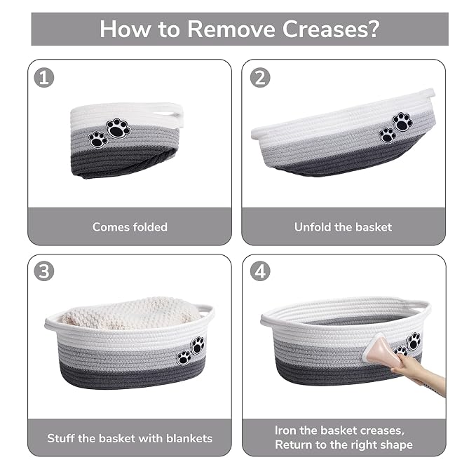 Woven Rope Dog Toy Basket with Paw Print, Mixed Grey | 12"x 8" x 5" Small Dog Toy Bin & Box with Handles, Fits Living Room Bedroom Nursery Organization, Gift Basket Empty for Pets