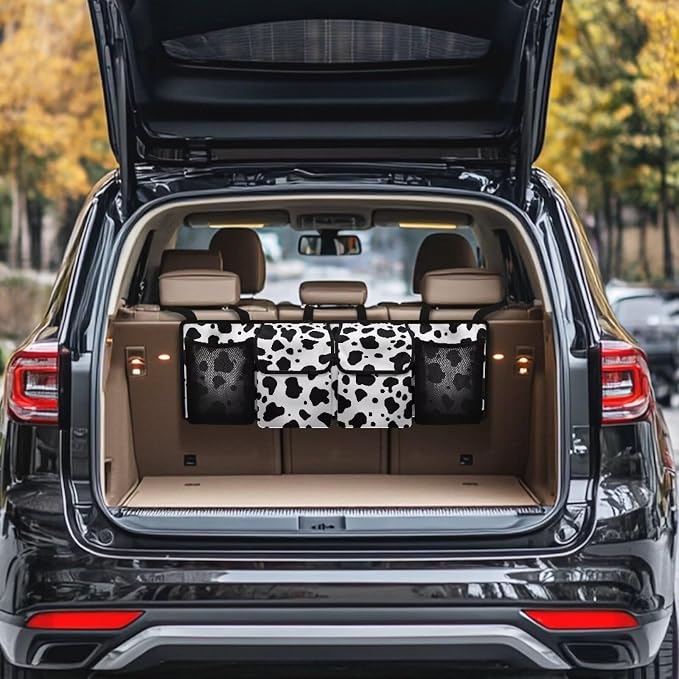 Dreaweet Cute Car Trunk Organizer Hanging Car Storage Organizer Cow Print Car Accessories Backseat Hanging Large Storage with Adjustable Strap Collapsible Car Storage Bag for Cars,Trucks,SUV