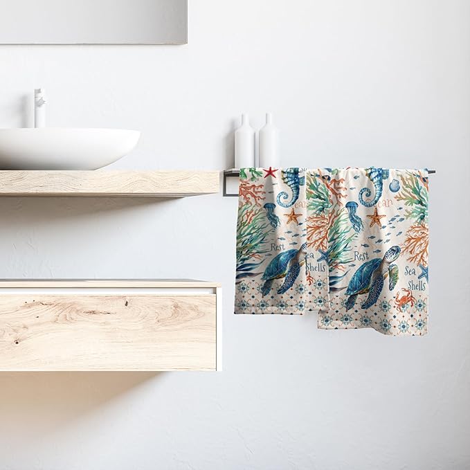Giwawa Nautical Coastal Hand Towels Set of 2 Sea Turtle Seahorse Decorative Kitchen Dish Towels Soft Fingertip Towels for Bathroom Gym Spa Gifts