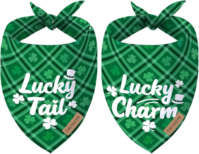St. Patrick's Day Dog Bandanas, 2-Pack Triangle Reversible Gnomes Pet Scarves, Premium Fabric, Bandana for All Boys Girls Dogs (Lucky Charm, One Size)