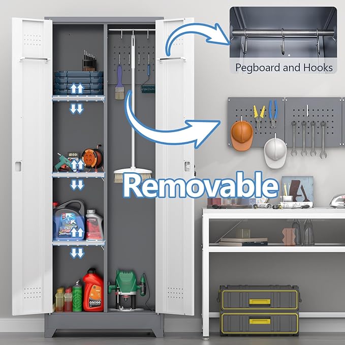 65" H Metal Garage Storage Cabinets with Doors and Shelves, Locking Cabinet, Broom Closet Storage Cabinets with Hanging Rod, Functional Tool Cabinet for Home, Garage, Kitchen