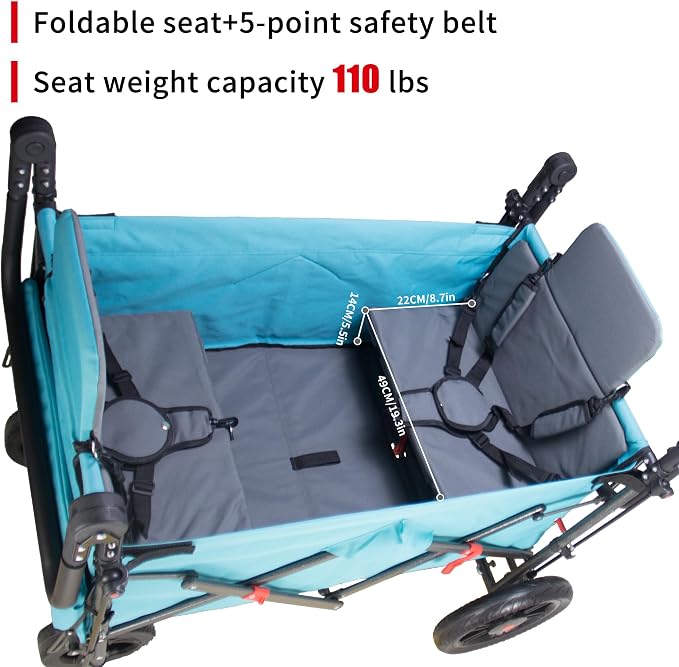 Foldable Wagon with Canopy - Collapsible Utility Cart with 2 Seats & Belts, Adjustable Handle, Expandable Front for Camping, Picnic, Shopping (Turquoise/Grey)