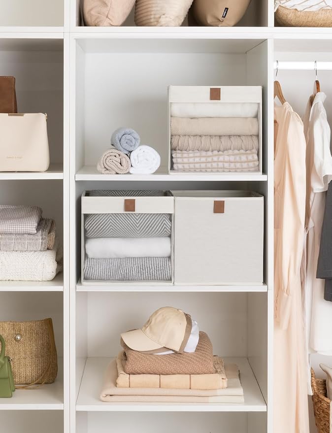 StorageWorks 11 Inche Cubes Storage Bins, Closet Bins, Beige, 3-Pack | See-Through Mesh Front, Soft Leather Handles, Flip to Show/Hide, Fabric Storage Bins for Closet, Shelves, Cube Organizers