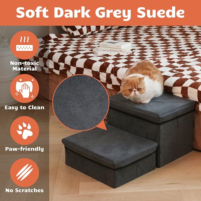Foldable Dog Stairs with Storage | 2-Step Non-Slip Pet Steps for High Beds and Couch, Hidden Storage Dog Ladder for Small & Medium Dogs, Cats, Grey