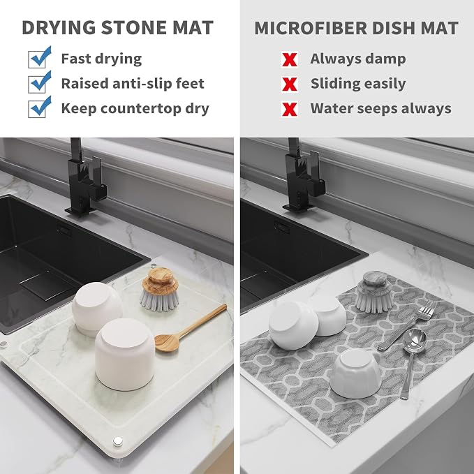Dish Drying Stone, Water Absorbing Stone Dish Drying Mats for Kitchen Counter, Non-Slip Stone Drying Sink Tray Pad for Dish Bottles Cups, Diatomaceous Earth Sink Caddy Organizer, Beige Marble