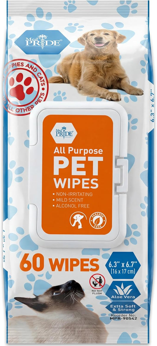 MED PRIDE Hypoallergenic Animal Wipes for Cats Bathing and Cleaning Fur, Extra Soft, Alcohol and Paraben Free, Aloe Vera Enriched (Pack of 60)