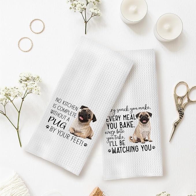 Pug Dog Kitchen Towels Set - Pug Gifts for Dog Lovers Women, Dogs Waffle Weave Hand Towels Dish Towels Decor, 16x24 Inch,Set of 2