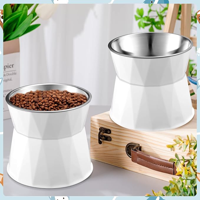 Lallisa 2 Pcs Elevated Cat Bowls Adjustable Raised Cat Feeder Non Slip Food Water with Stand Safe Stainless Steel Bowls with Pet Food Stand for Pets Feeding Eating(White)